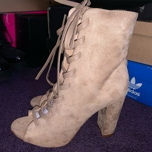 Tan suede lace up booties